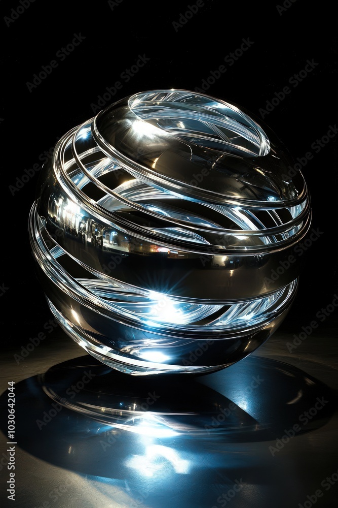 A complex, spinning silver spherical object with rings in the darkness. A complex, spinning silver spherical object with rings in the darkness.