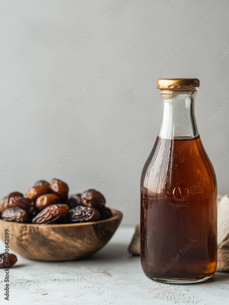 A glass bottle of date nectar next to dried dates in a wooden bowl. A glass bottle of date nectar next to dried dates in a wooden bowl.