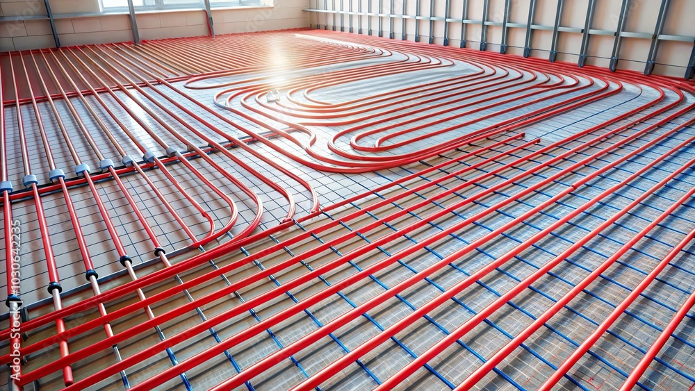 Fototapeta premium Hydronic underfloor heating system with pipes in medium shot layout