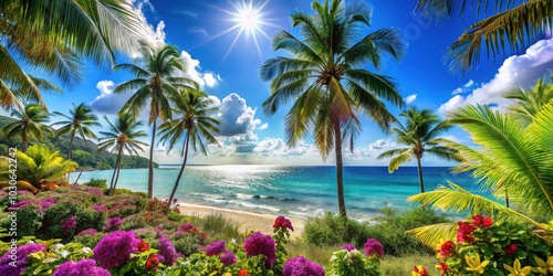 Vibrant outline of a tropical landscape featuring swaying palm trees, exotic flowers, and a serene beach with a bright blue ocean and sunny sky.