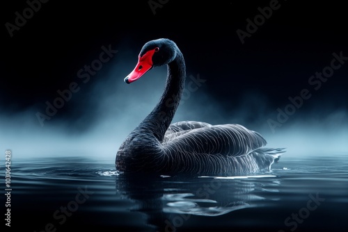 Fototapeta Naklejka Na Ścianę i Meble -  Majestic black swan gliding through dark waters, surrounded by mist