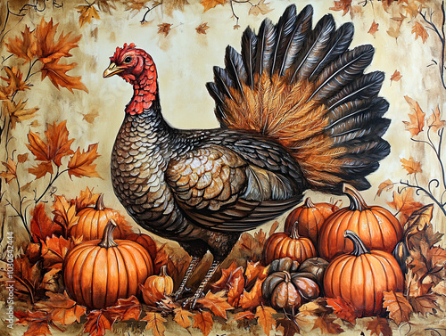 Beautiful Wallpaper with a Turkey Bird Design, Ideal Thanksgiving Poster or Graphic Resource for Creative Project, Ai Generative photo