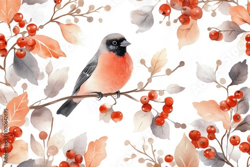 New Year or Christmas watercolor  card with a bird on a branch with red berries on a black background