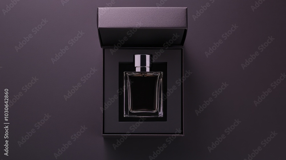 A glass bottle of perfume with a silver lid sits inside a black box on a dark background. The box is open and the perfume bottle is in focus. A glass bottle of perfume with a silver lid sits inside a black box on a dark background. The box is open and the perfume bottle is in focus.