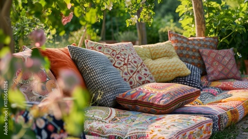 An enchanting garden corner with an array of mismatched patterned cushions on the seating. Perfect for hosting picnics or simply lounging with a good book. photo