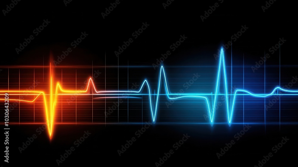 Heartbeat diagram with bright neon lines on a dark background, artistic abstract style Heartbeat diagram with bright neon lines on a dark background, artistic abstract style