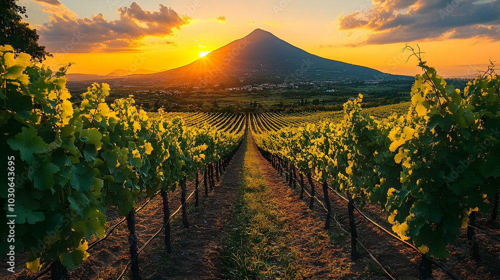 Naklejka premium Scenic vineyard landscape with a mountain at sunset.