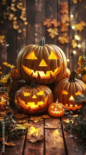 A group of glowing jack o lanterns stacked on top of each other surrounded by autumn leaves and Halloween decorations creating a festive scene