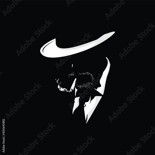 silhouette vector illustration of man in hat smoking in dark isolated black background, black background wall decoration.