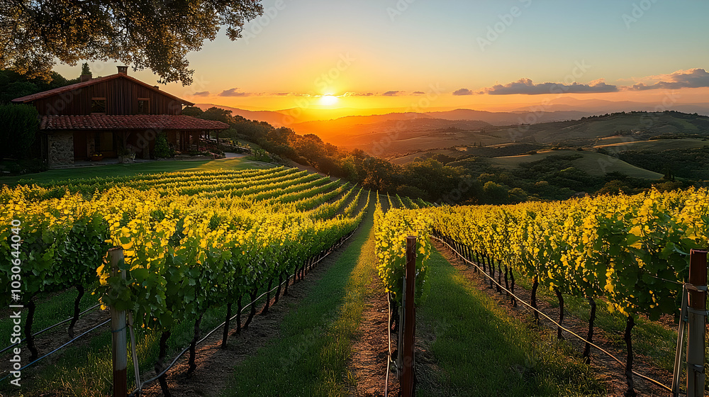 Naklejka premium Scenic vineyard at sunset with rows of grapevines and hills.