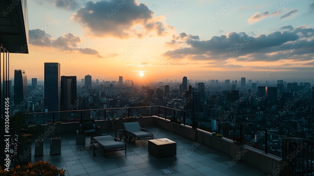 Fototapeta premium 77. An empty rooftop patio with a stunning city view