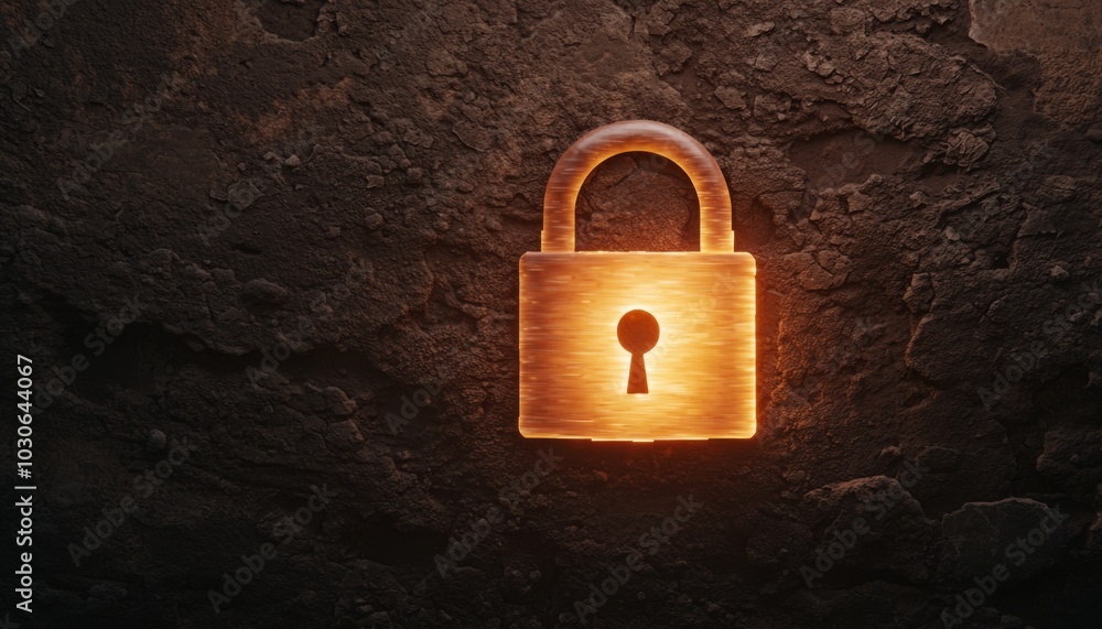 Fototapeta premium A golden padlock glowing against a dark stone wall, symbolizing security and protection.