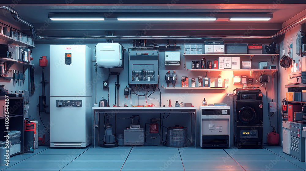 A well-organized utility room filled with various electrical and mechanical equipment, showcasing a clean, professional workspace A well-organized utility room filled with various electrical and mechanical equipment, showcasing a clean, professional workspace