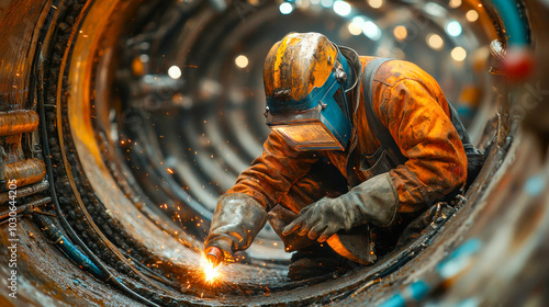 A welder in protective gear working inside a large industrial pipe, surrounded by sparks and a warm, glowing atmosphere