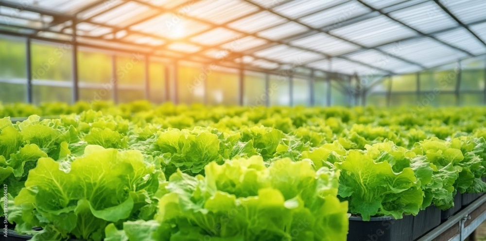 Lush green lettuce growing in a greenhouse under natural light. Lush green lettuce growing in a greenhouse under natural light.
