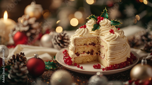 A beautifully decorated Christmas cake with layers of white frosting, adorned with holly leaves and berries, sitting on a festive table surrounded by ornaments.