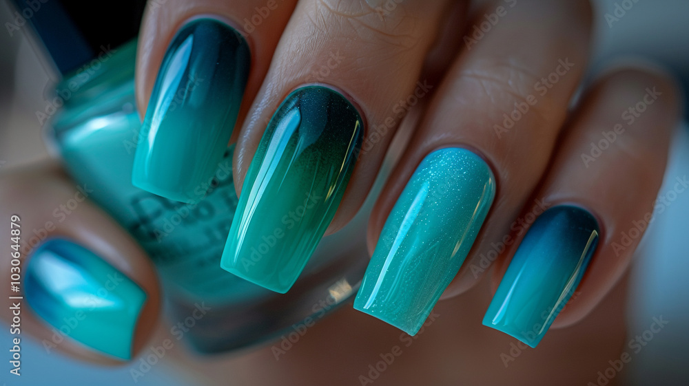 Obraz premium Woman's beautiful hand with long nails and turquoise green and blue manicure with bottles of nail polish