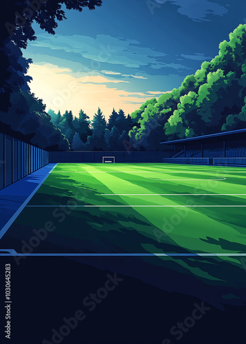 An amazing minimalist illustration of an isometric football field with goalkeepers. photo