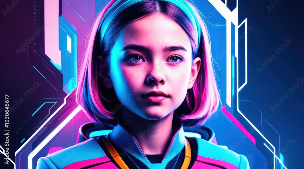 A futuristic portrait of a girl, featuring high-tech fashion, glowing elements, and a sleek, modern aesthetic that blends technology with beauty A futuristic portrait of a girl, featuring high-tech fashion, glowing elements, and a sleek, modern aesthetic that blends technology with beauty
