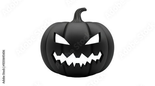 A stylized black pumpkin with a menacing face, perfect for Halloween decorations.