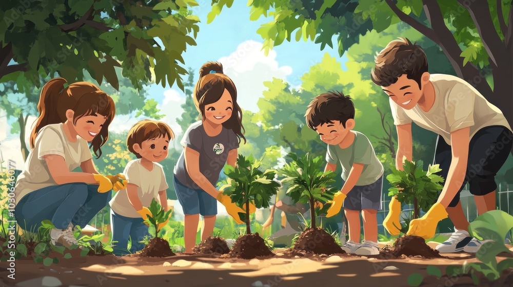 Fototapeta premium Family Planting Trees Together
