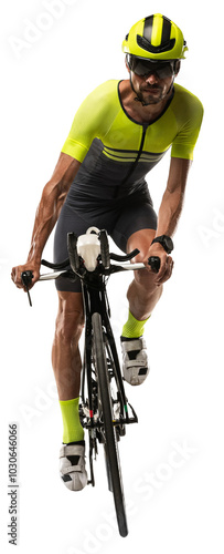 Turning to the side. Portrait of male bicyclist, young man on road bike against transparent background. Concept of professional sport, action, motion, speed and energy, race. photo