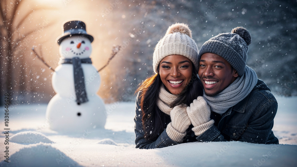 Happy young couple of african ethnicity in wintry environment. In the background is a snowman Happy young couple of african ethnicity in wintry environment. In the background is a snowman