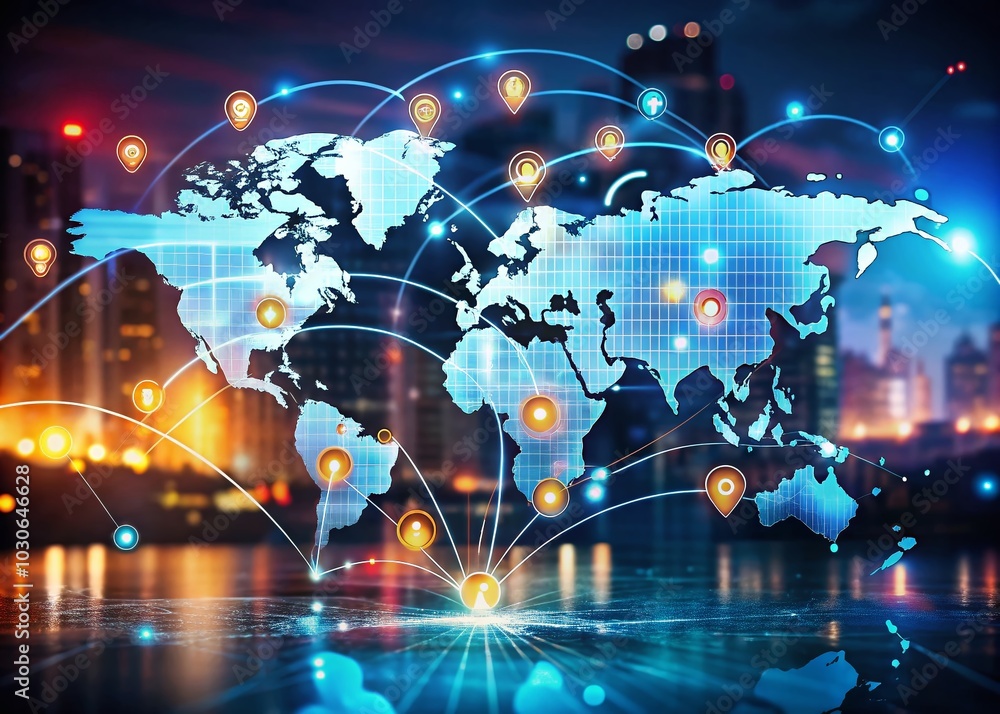 Global Connectivity: Data and Technology World Map with WiFi and Internet Symbols Global Connectivity: Data and Technology World Map with WiFi and Internet Symbols