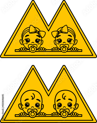Yellow Sign Twins On Board. Vector Icon. Humorous Road Sign. Car Sticker. Twins Girls and Twins Boys