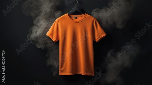 Orange t-shirt hanging on black hanger surrounded by smoke