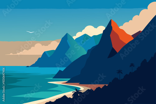 Hawaii Kauai mountains nature travel landscape. Na Pali coast, Kauai, Hawaii of Napali coastline in Kauai island, Hawaii, USA. Panorama banner copy space on Vector art illustration