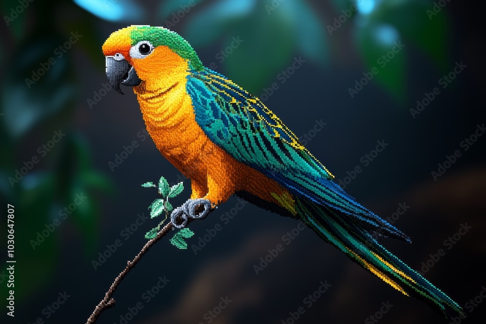 Obraz premium Pixel art parrot with vibrant colors, perched on a tiny tree branch