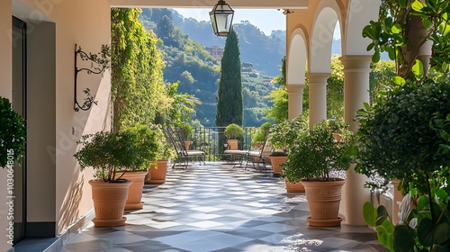Fototapeta Naklejka Na Ścianę i Meble -  81. An elegant empty terrace with potted plants and a view