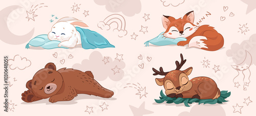 Cute set with sleeping animals: cute hare, bear, deer, fox with moon, stars, rainbow and clouds. Newborn room decoration. Vector cartoon illustration