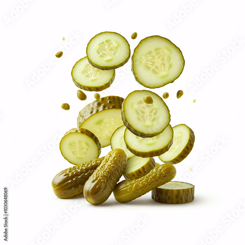 fresh dill pickles slices and whole pickles floating in air on white background photo