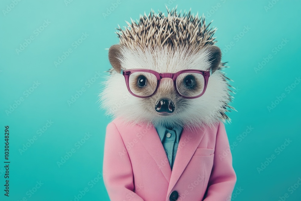 Portrait of an anthropomorphic hedgehog in a pink suit and glasses, against a turquoise background. Portrait of an anthropomorphic hedgehog in a pink suit and glasses, against a turquoise background.