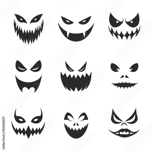 Halloween Horror Monster Faces Silhouette Vector Set