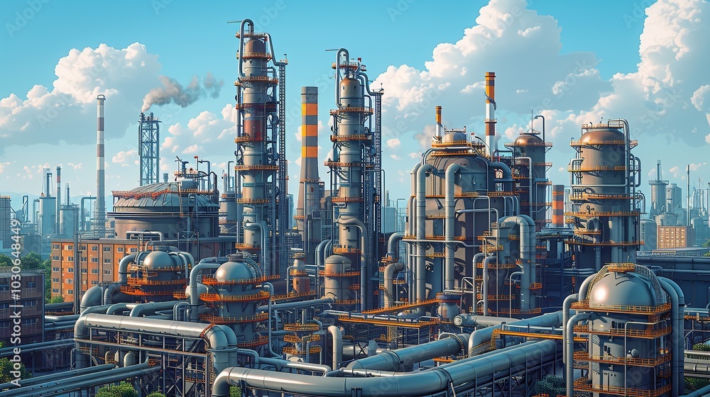Exterior view of a chemical factory with an intricate array of pipes and ducts set against a backdrop of buildings and smokestacks. Illustration capturing the industrial essence, oil refinery. High Exterior view of a chemical factory with an intricate array of pipes and ducts set against a backdrop of buildings and smokestacks. Illustration capturing the industrial essence, oil refinery. High