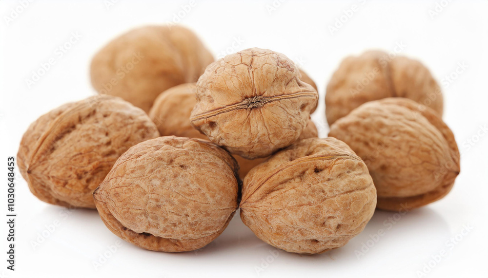 Heap of walnuts isolated on white backdrop. Healthy and tasty snack. Super food. Heap of walnuts isolated on white backdrop. Healthy and tasty snack. Super food.