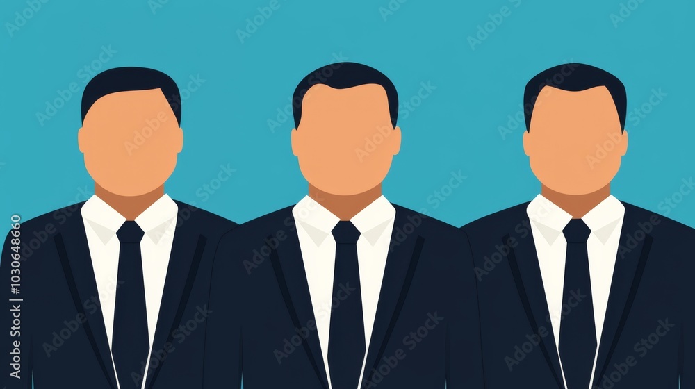Three faceless businessmen in suits stand against a turquoise background, symbolizing professionalism and corporate identity. Three faceless businessmen in suits stand against a turquoise background, symbolizing professionalism and corporate identity.