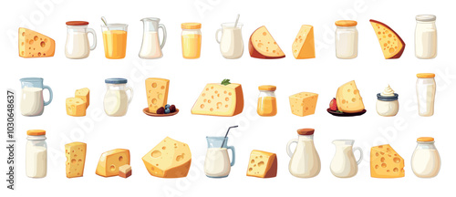 Milk products cartoon vector set. Jars cheese glass bottles dairy yogurt butter cream containers packages natural organic meal healthy food illustration isolated on white background