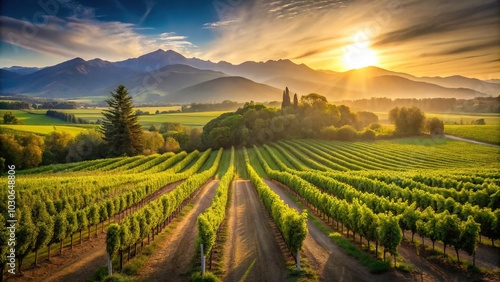 Warm sunlight illuminates rows of lush green grapevines in a serene Chilean vineyard, surrounded by rolling hills and majestic Andes mountains in the distance.