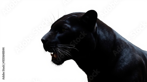 A realistic black panther set against a flat white background, showcasing its sleek and powerful form with striking detail and intensity.