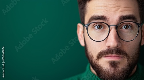 A focused portrait of a man with glasses, showcasing a neutral expression against a rich green background.