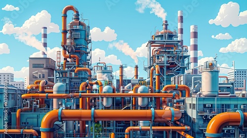 Industrial factory exterior view with a tangle of pipes and ducts set against a backdrop of buildings and smokestacks. Illustration capturing the essence of chemical plants. High resolution