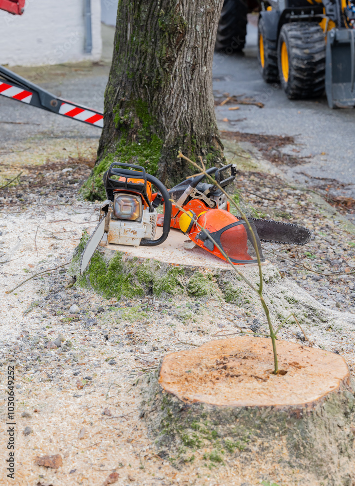Motorsäge und Sicherheitshelm liegt auf einem Baumstamm, nachdem der Baum gefällt worden ist