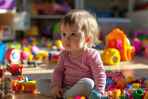 A baby sitting on the floor surrounded by scattered toys, but with no one else in the room, looking out into the distance with a sad expression