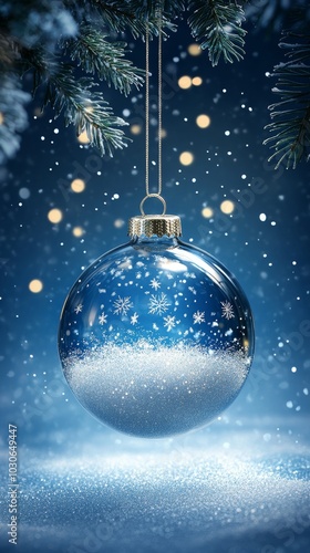 christmas glass ball on blue background, ai generated