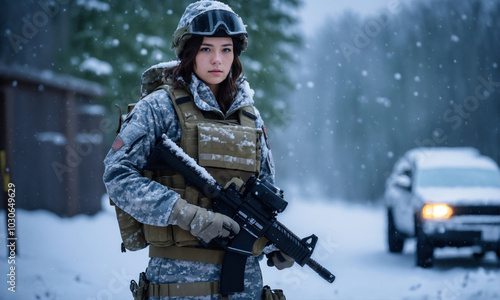 A beautiful brunette soldier girl