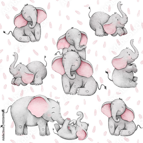 Elephant with baby in a cute style seamless pattern on white background
